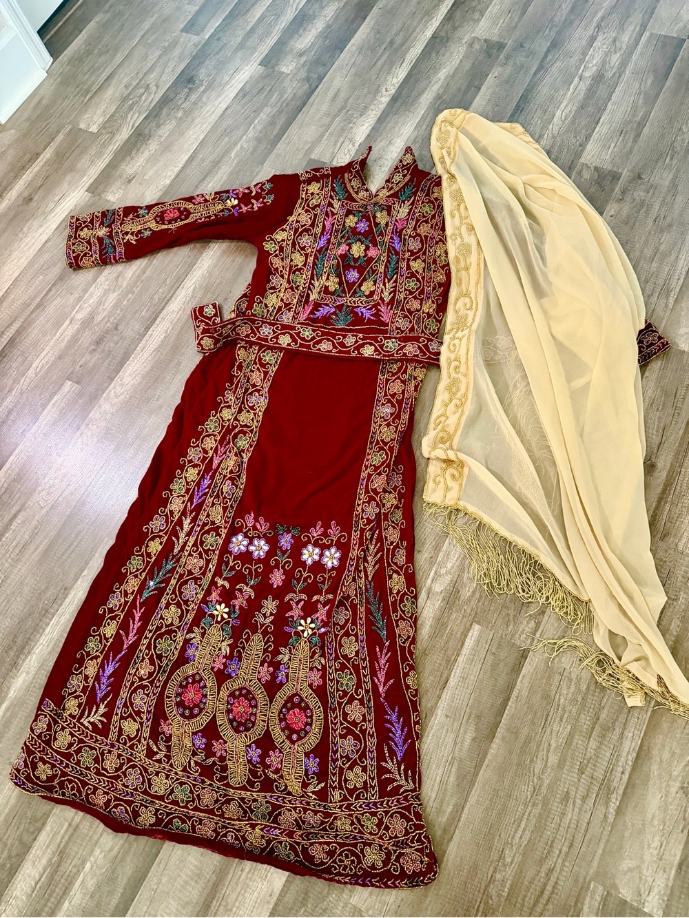 Abayat Mona Maroon red velvet thob Embroidered Velvet thobe Palestinian thobe